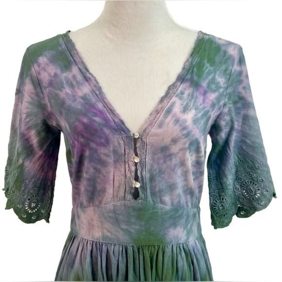 RARE Zara Tie Dye Crochet Eyelet Trim Tie Waist Peasant Croquette Maxi Dress - Picture 3 of 10